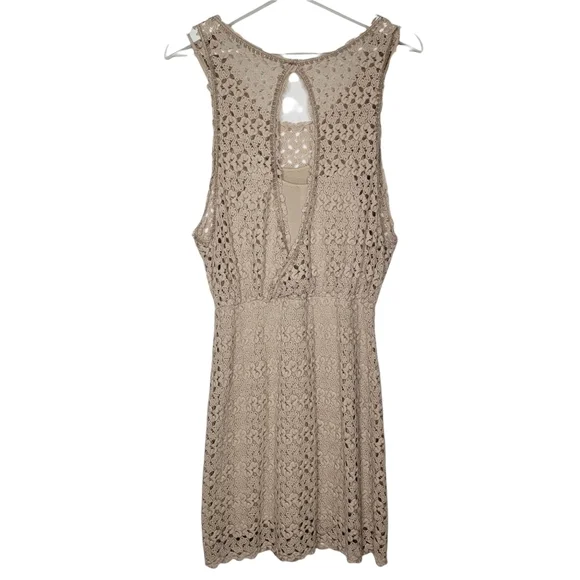 FREE PEOPLE Nude Mini Dress Lily Crochet Blouson Lace Overlay Cutout Women Small - Picture 8 of 14